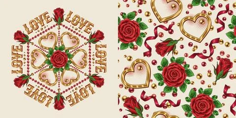 Set of hexagonal ornament, seamless pattern for wedding, Valentines Day Stock Illustration
