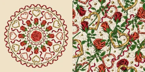 Set of hexagonal ornament, seamless pattern for wedding, Valentines Day Stock Illustration