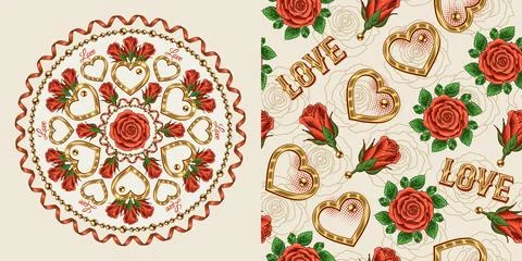 Set of hexagonal ornament, seamless pattern for wedding, Valentines Day Stock Illustration