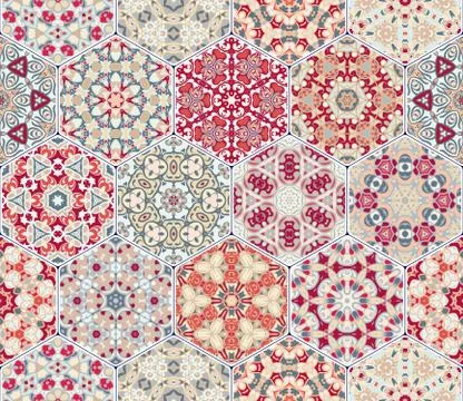 Set of hexagonal patterned tiles. 스톡 일러스트