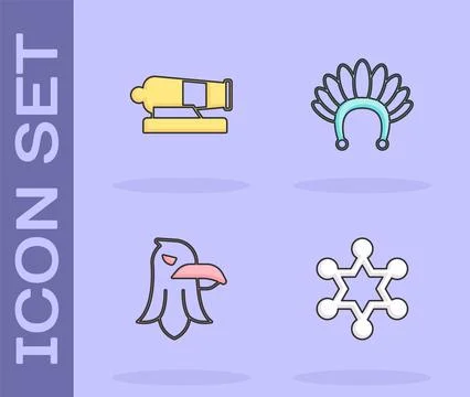Set Hexagram sheriff, Cannon, Eagle and Indian headdress with feathers icon Stock Illustration