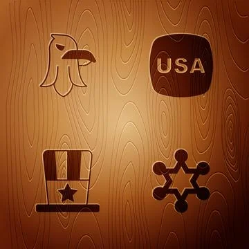 Set Hexagram sheriff, Eagle, Patriotic American top hat and USA Independence day Stock Illustration