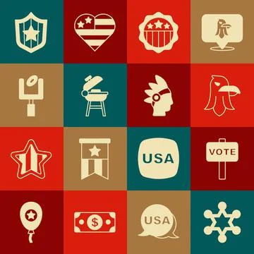 Set Hexagram sheriff, Vote, Eagle, USA Independence day, Barbecue grill Stock Illustration