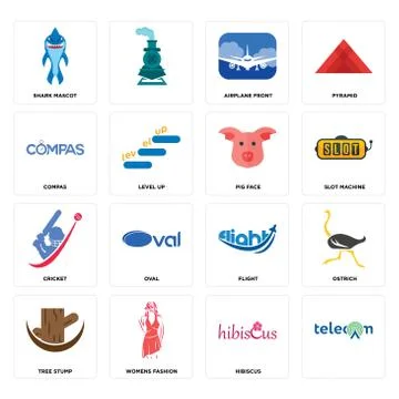 Set of, hibiscus, tree stump, flight, cricket, pig face, compas, airplane fro Free Stock Illustration