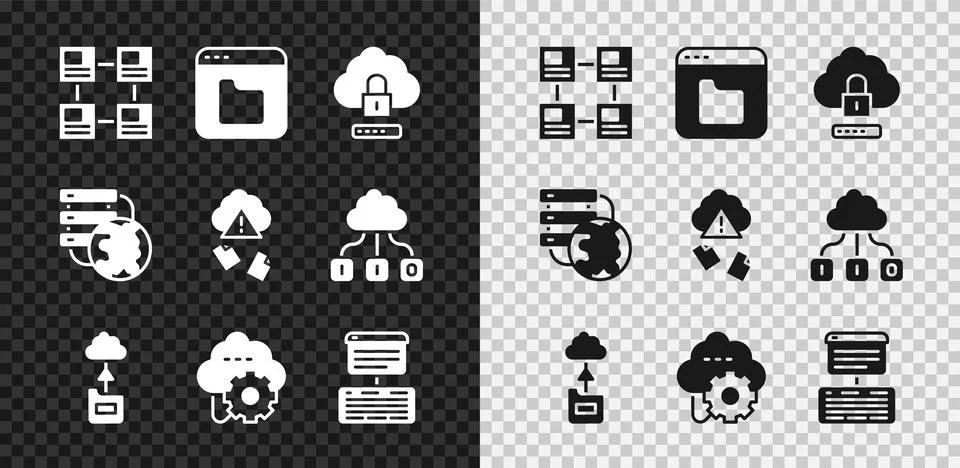 Set Hierarchy organogram chart, Browser files, Cloud computing lock, technology Illustrazione stock
