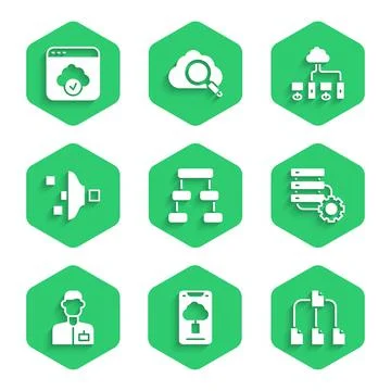 Set Hierarchy organogram chart, Cloud technology data transfer, Folder tree Stock Illustration