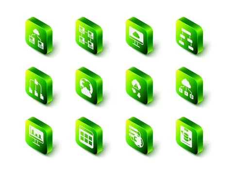 Set Hierarchy organogram chart, Cloud technology data transfer, Server, Data Illustrazione stock