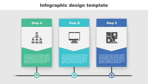 Set Hierarchy organogram chart, Computer monitor and Folded map with location 스톡 일러스트