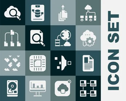 Set Hierarchy organogram chart, File document, Cloud technology data transfer Stockillustratie