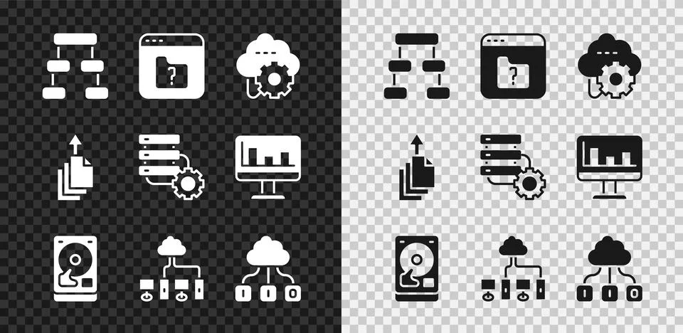 Set Hierarchy organogram chart, File missing, Cloud technology data transfer Stock Illustration