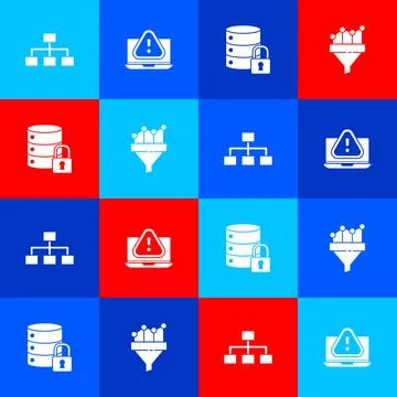 Set Hierarchy organogram chart, Laptop with exclamation mark, Server security Stock Illustration