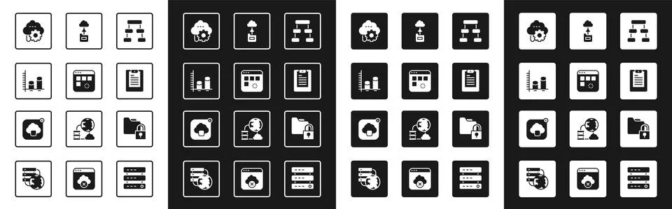 Set Hierarchy organogram chart, Loading data window, Data analysis, Cloud Stock Illustration