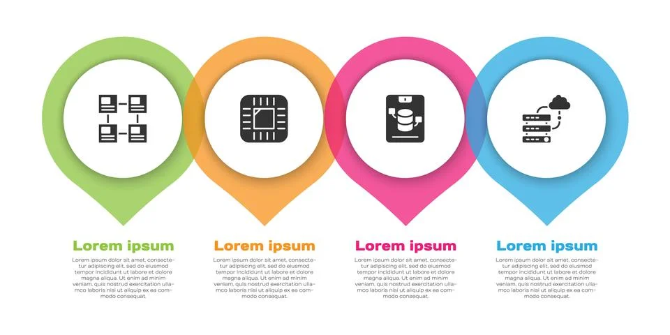 Set Hierarchy organogram chart, Processor with CPU, Server, Data, Web Hosting Stock Illustration