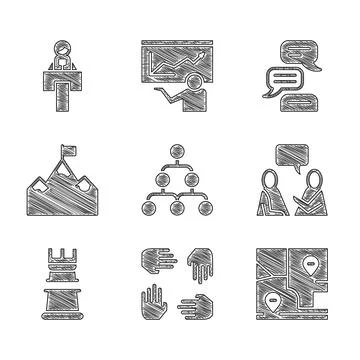 Set Hierarchy organogram chart, Project team base, Folded map with location, Two Illustrazione stock