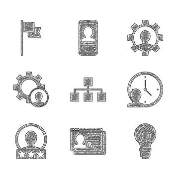 Set Hierarchy organogram chart, Resume, Head with lamp bulb, Time Managemen.. 스톡 일러스트