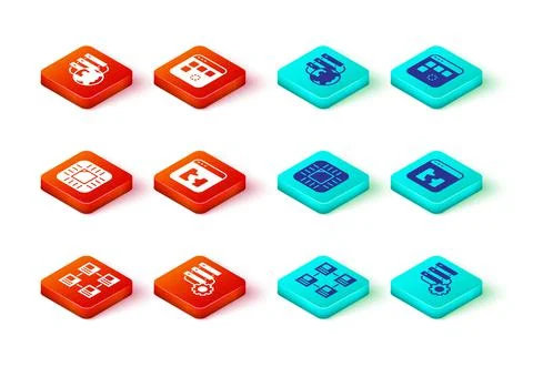 Set Hierarchy organogram chart, Server and gear, Processor with CPU, Broken file Stockillustratie