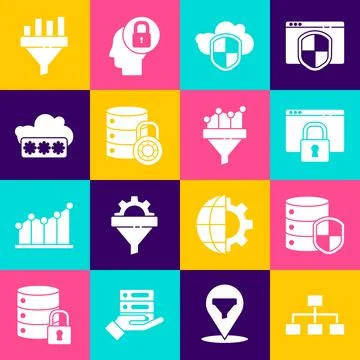 Set Hierarchy organogram chart, Server with shield, Secure your site HTTPS, SSL Иллюстрация