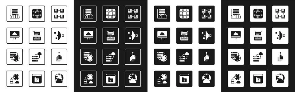 Set Hierarchy organogram chart, Server, Data, Web Hosting, Cloud technology data Illustrazione stock