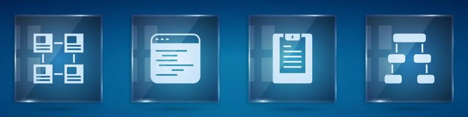 Set Hierarchy organogram chart, Software, Server, Data report and . Square glass Ilustração Stock