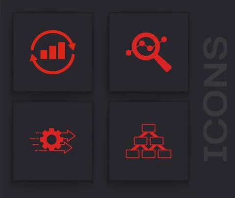 Set Hierarchy organogram, Graph chart infographic, Search data analysis and Time Stock Illustration