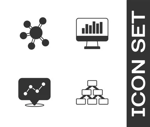 Set Hierarchy organogram, Project team base, Graph chart infographic and Monitor Illustrazione stock