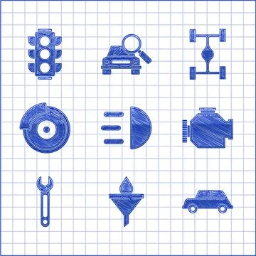 Set High beam, Funnel or filter and motor oil drop, Car, Check engine, Wrench Stock Illustration