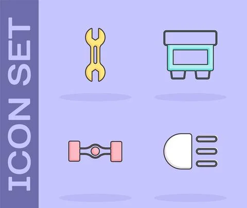 Set High beam, Wrench spanner, Chassis car and Fuse icon. Vector 스톡 일러스트