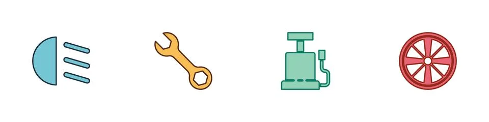 Set High beam, Wrench spanner, Car air pump and Alloy wheel icon. Vector Stock Illustration