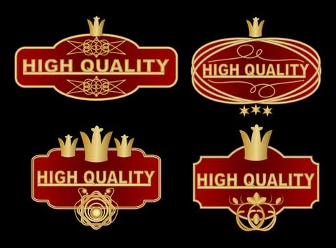 Set of high quality label in dark red and gold design with graphic ornate ele Stock Illustration