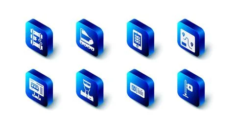 Set High-speed train, Buy ticket online, Route location, Road traffic signpost Stock Illustration