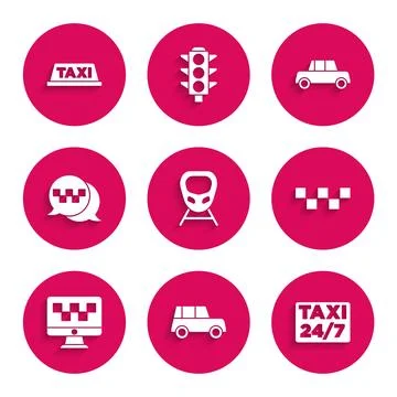 Set High-speed train, Car, Location with taxi, Taxi car roof, Computer call.. Illustrazione stock