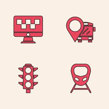 Set High-speed train, Computer call taxi service, Location with bus and Traffic Illustrazione stock