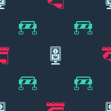 Set High-speed train, Information stand and Road barrier on seamless pattern Illustrazione stock