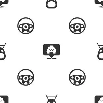 Set High-speed train, Location with taxi and Steering wheel on seamless pattern Illustrazione stock