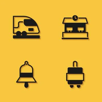 Set High-speed train, Suitcase, Train station bell and Railway icon with long Illustration