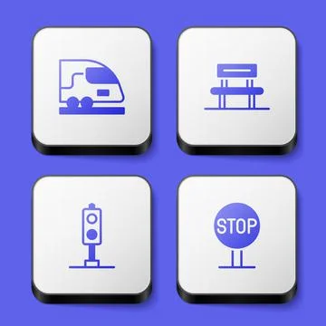 Set High-speed train, Waiting hall, Train traffic light and Stop sign icon Stock Illustration
