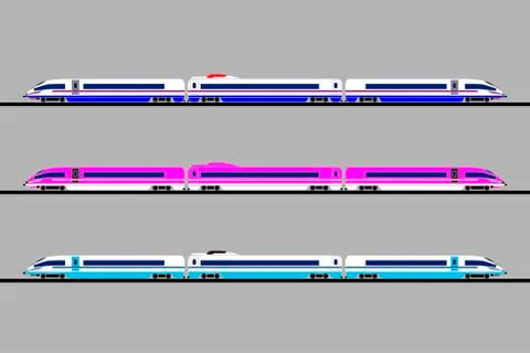 A set of high-speed trains of different colors on a grey background. Vector f Stock Illustration