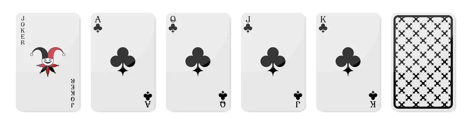 Set of high value playing cards of Clubs. Joker, Ace of Clubs, Queen, Jack Illustrazione stock