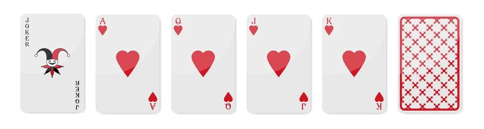 Set of high value playing cards of Hearts. Joker, Ace of Hearts, Queen Illustrazione stock