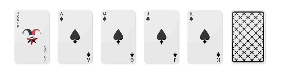 Set of high value playing cards of Spades. Joker, Ace of Spades, Queen Illustrazione stock