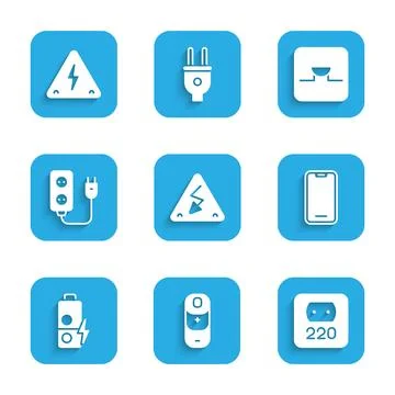 Set High voltage, Battery charge, Electrical outlet, Mobile phone, extensio.. Stock Illustration