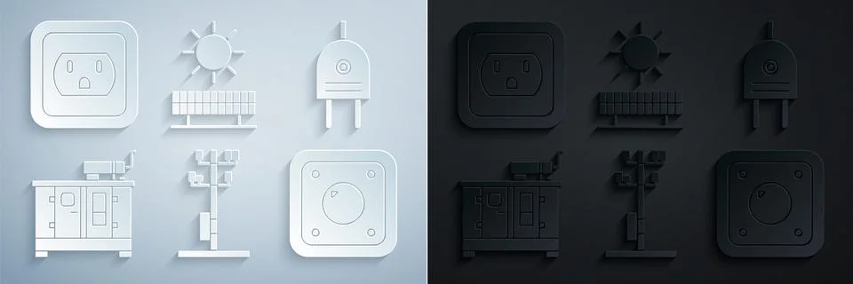 Set High voltage power pole line, Electric plug, Diesel generator, light switch Illustration