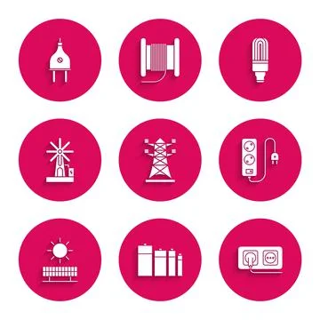 Set High voltage power pole line, Battery, Electrical outlet, extension cord Stock Illustration