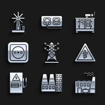 Set High voltage power pole line, Power station plant and factory, Coal, si.. Stock Illustration