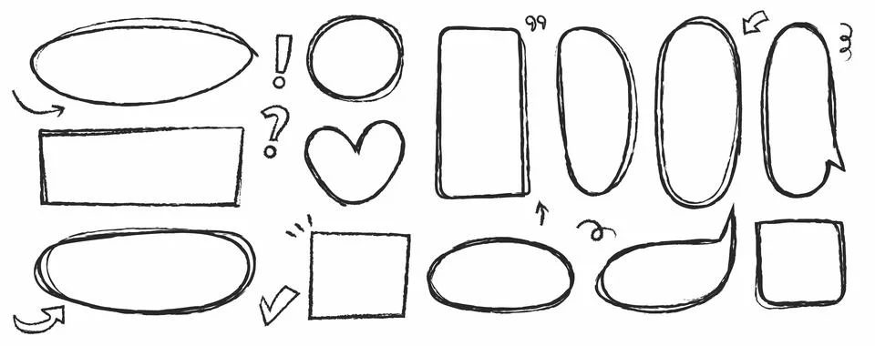 Set of highlight pen line elements. Black pencil brush. Marker round and elipse Illustrazione stock