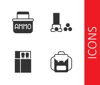 Set Hiking backpack, Ammunition box, Open matchbox and matches and Cartridges Stock Illustration