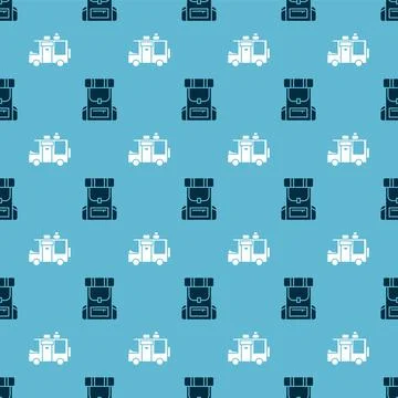 Set Hiking backpack and Rv Camping trailer on seamless pattern. Vector Illustrazione stock