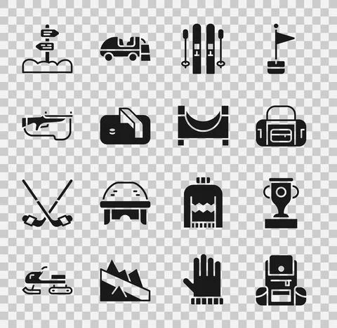 Set Hiking backpack, Award cup, Sport bag, Ski and sticks, Ice hockey goal Stock Illustration