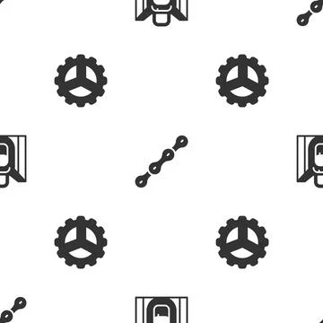 Set Hiking backpack, Bicycle chain and sprocket crank on seamless pattern Illustrazione stock