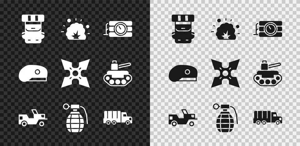 Set Hiking backpack, Bomb explosion, Dynamite and timer clock, Military jeep Stock Illustration